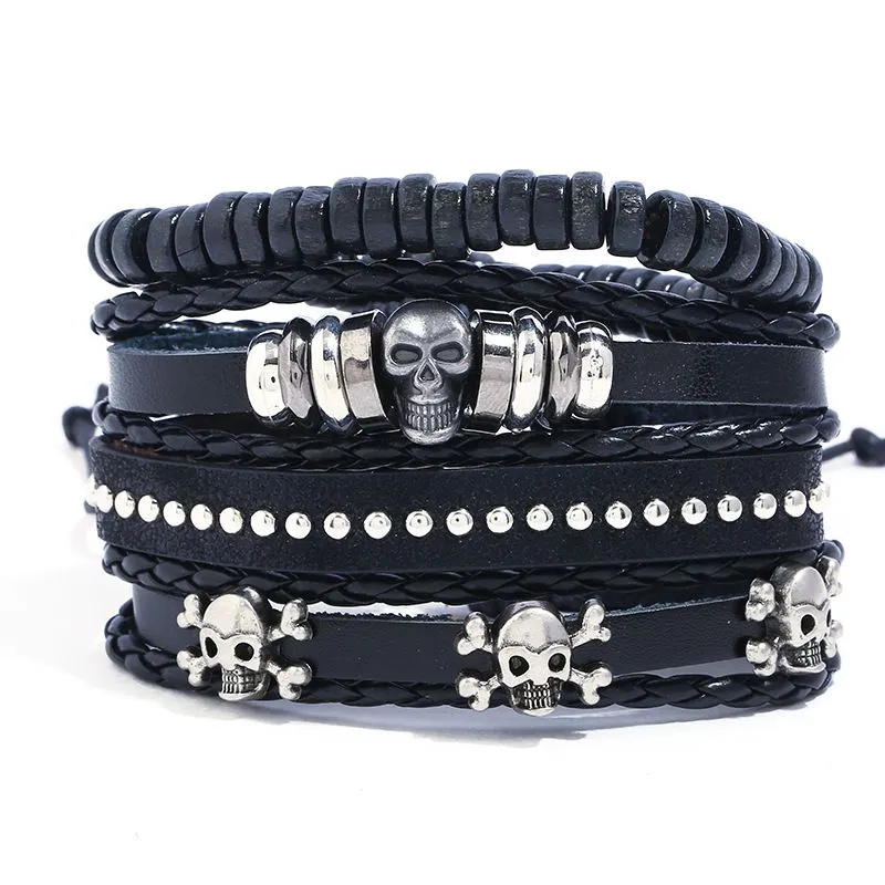 Men Punk Style Unique Alloy Skull Multilayer PU Bracelet