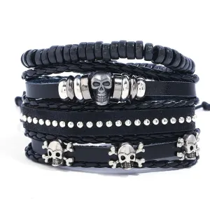 Men Punk Style Unique Alloy Skull Multilayer PU Bracelet