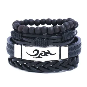 Men Fashion Comic Element Vintage PU Cord Multilayer Bracelets
