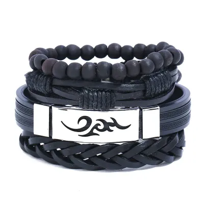Men Fashion Comic Element Vintage PU Cord Multilayer Bracelets