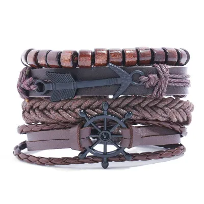 Men's Vintage Punk Style Alloy Anchor Feather Multilayer Bracelet