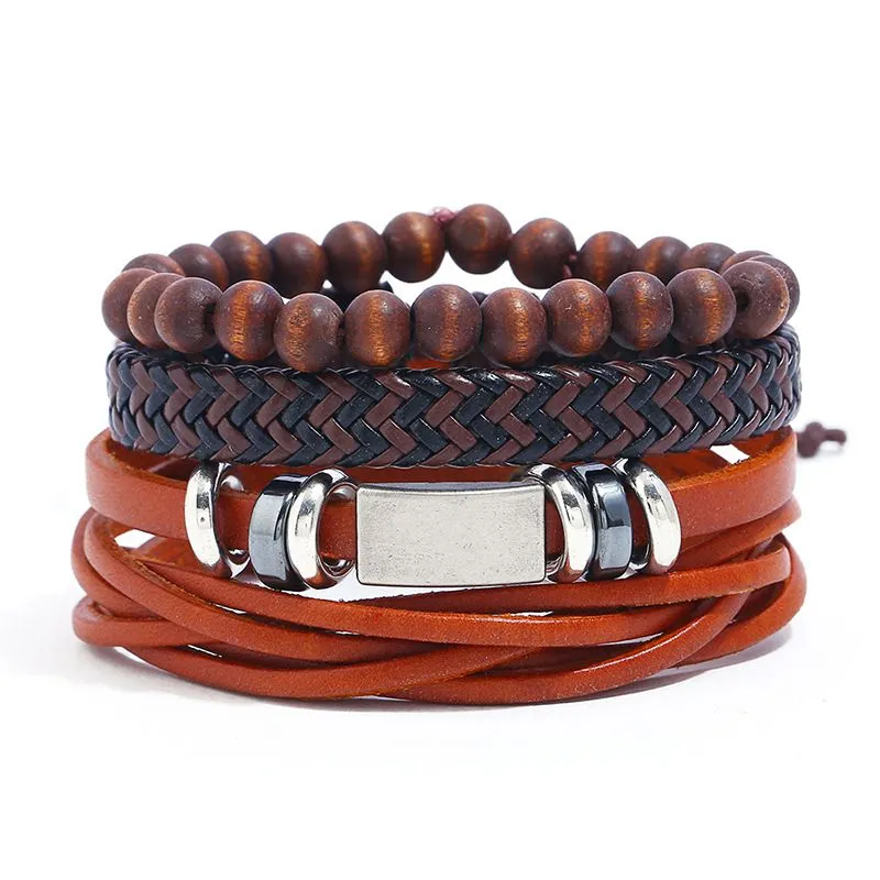 Fashion Multilayer PU Cord Braided Wooden Beads Bracelet for Men