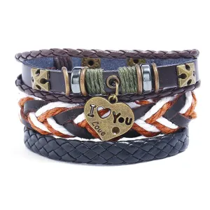 Men Vintage Multilayer Heart Decoration Braided PU Alloy Bracelet