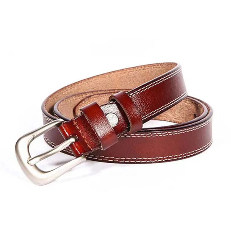 Women's Genuine Leather Silver Buckle Double Loops Leisure Belt