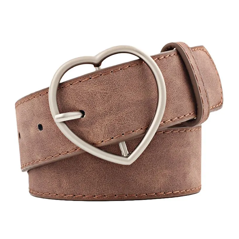 New Design Women Fashion Frosted Leather Belt with Metal Heart Shape Buckle