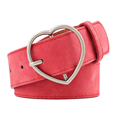 New Design Women Fashion Frosted Leather Belt with Metal Heart Shape Buckle