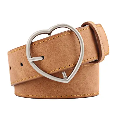 New Design Women Fashion Frosted Leather Belt with Metal Heart Shape Buckle