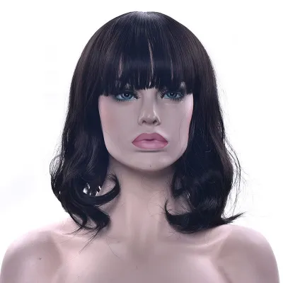 Trendy Shoulder-length Short Curly Wigs With Blunt Fringe High Temperature Fiber