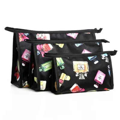 3pcs Travel Makeup Bags Women Cute Cartoon Print PVC Cosmetic Organizer Set