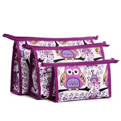 3pcs Travel Makeup Bags Women Cute Cartoon Print PVC Cosmetic Organizer Set