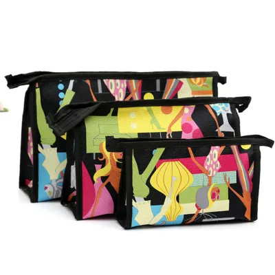 3pcs Travel Makeup Bags Women Cute Cartoon Print PVC Cosmetic Organizer Set