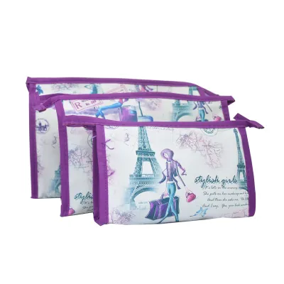 3pcs Travel Makeup Bags Women Cute Cartoon Print PVC Cosmetic Organizer Set