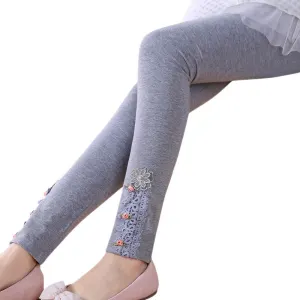 Wholesale Cotton Floral Lace Pattern Slim Fit Leggings Pants for Kids Girls(3-14T)