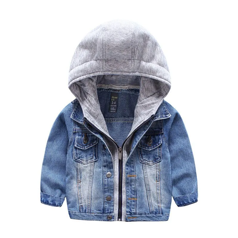 Boys Cotton Long Sleeves Patchwork Zipper Hooded Denim Jackets for Kids
