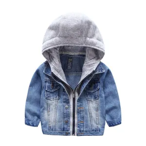 Boys Cotton Long Sleeves Patchwork Zipper Hooded Denim Jackets for Kids