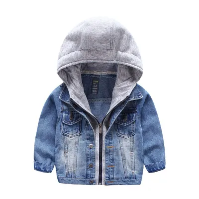 Boys Cotton Long Sleeves Patchwork Zipper Hooded Denim Jackets for Kids