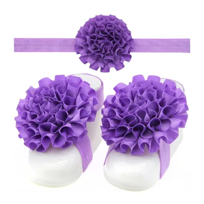3Pcs Set Baby Girls Solid Color Ruffle Flower Headbands And Barefoot Sandals For Toddlers
