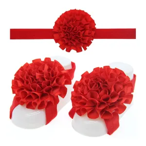 3Pcs Set Baby Girls Solid Color Ruffle Flower Headbands And Barefoot Sandals For Toddlers