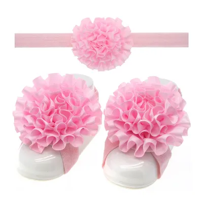 3Pcs Set Baby Girls Solid Color Ruffle Flower Headbands And Barefoot Sandals For Toddlers