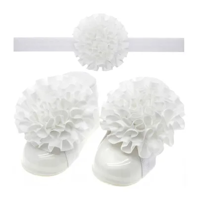 3Pcs Set Baby Girls Solid Color Ruffle Flower Headbands And Barefoot Sandals For Toddlers