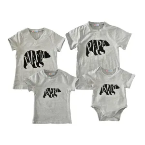 Family Matching Outfits Cotton Gray Short Sleeve Black Bear Printed Cute Baby Rompers Dad Mom Children T Shirts
