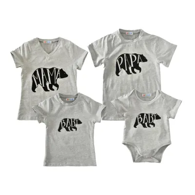 Family Matching Outfits Cotton Gray Short Sleeve Black Bear Printed Cute Baby Rompers Dad Mom Children T Shirts