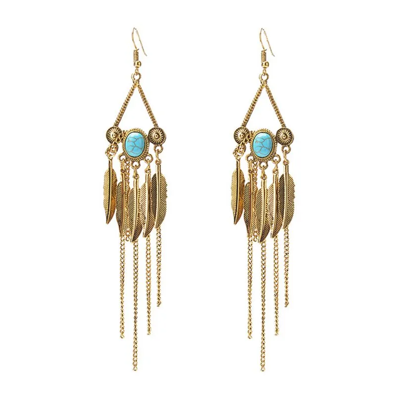 Statement Women's Alloy Leaf Turquoise Tassel Drop Earrings