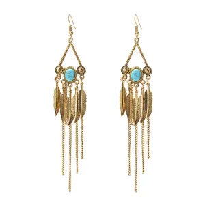 Statement Women's Alloy Leaf Turquoise Tassel Drop Earrings