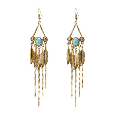 Statement Women's Alloy Leaf Turquoise Tassel Drop Earrings