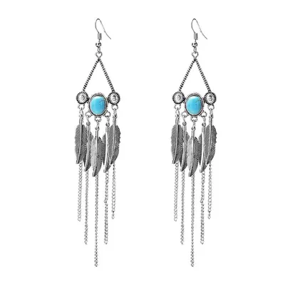 Statement Women's Alloy Leaf Turquoise Tassel Drop Earrings
