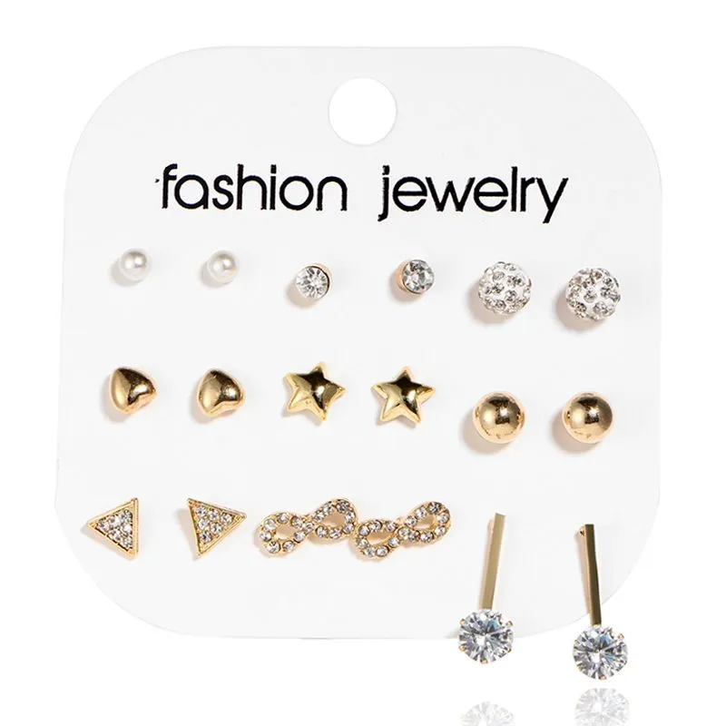Lady Hot-selling Inlay Imitation Gemstone Heart Shape Alloy Stud Earrings 9 Pairs Set