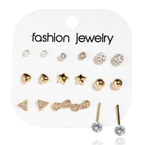 Lady Hot-selling Inlay Imitation Gemstone Heart Shape Alloy Stud Earrings 9 Pairs Set