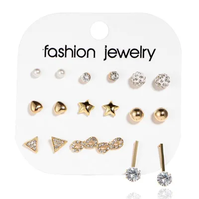 Lady Hot-selling Inlay Imitation Gemstone Heart Shape Alloy Stud Earrings 9 Pairs Set