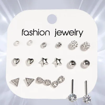 Lady Hot-selling Inlay Imitation Gemstone Heart Shape Alloy Stud Earrings 9 Pairs Set