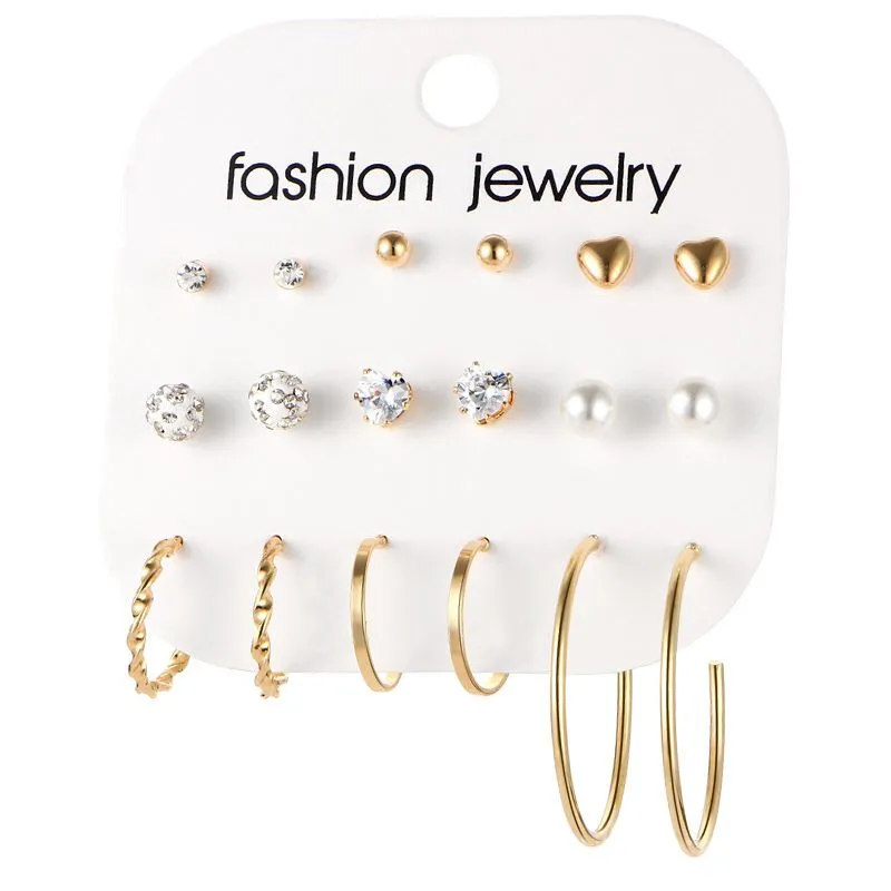 Lady Trendy Heart Shape Circle Inlay Imitation Gems Alloy Hoop Stud Earrings 9 Pairs Set