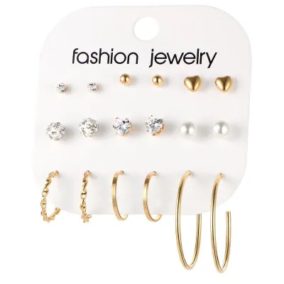Lady Trendy Heart Shape Circle Inlay Imitation Gems Alloy Hoop Stud Earrings 9 Pairs Set