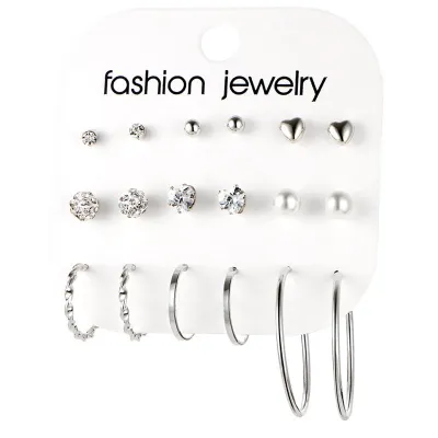 Lady Trendy Heart Shape Circle Inlay Imitation Gems Alloy Hoop Stud Earrings 9 Pairs Set