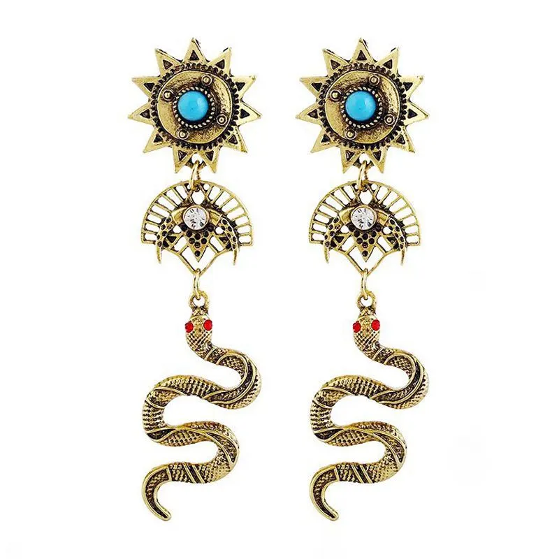 Female Fashion Unique Snake Shape Inlay Imitation Gems Alloy Drop Earrings