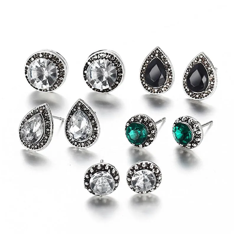 5 Pairs/Set Women Retro Ethnic Style Shiny Acrylic Gemstone Stud Earrings