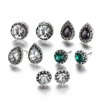 5 Pairs/Set Women Retro Ethnic Style Shiny Acrylic Gemstone Stud Earrings