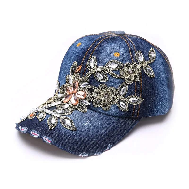 Women Embroidery Flower Denim Bling Rhinestone Adjustable Baseball Cap