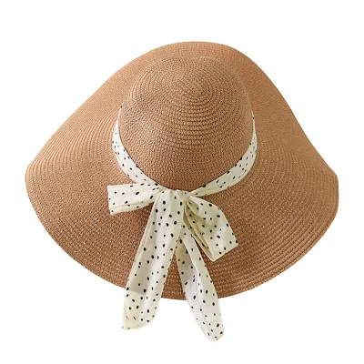 Female New Trendy Bowknot Wide Brim Outdoor Sun Protection Round Straw Beach Hat With Tape