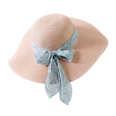 Female New Trendy Bowknot Wide Brim Outdoor Sun Protection Round Straw Beach Hat With Tape
