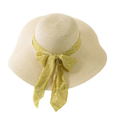 Female New Trendy Bowknot Wide Brim Outdoor Sun Protection Round Straw Beach Hat With Tape