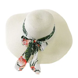 Female New Trendy Bowknot Wide Brim Outdoor Sun Protection Round Straw Beach Hat With Tape