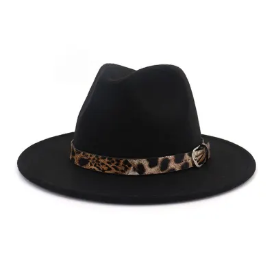 Unisex Leopard Print Wool Felt Bell Jazz Hat With Wide Brim