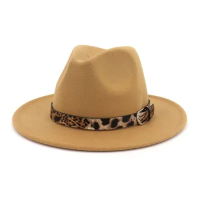 Unisex Leopard Print Wool Felt Bell Jazz Hat With Wide Brim