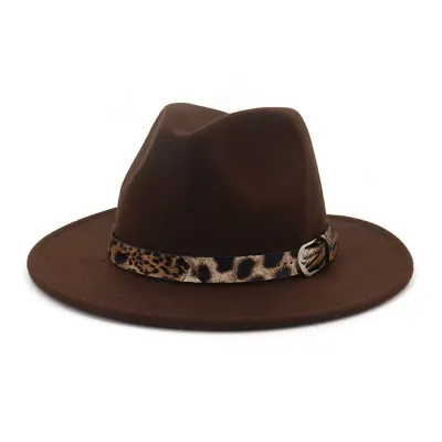 Unisex Leopard Print Wool Felt Bell Jazz Hat With Wide Brim