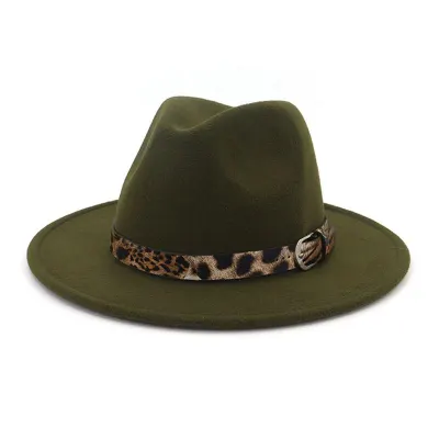 Unisex Leopard Print Wool Felt Bell Jazz Hat With Wide Brim