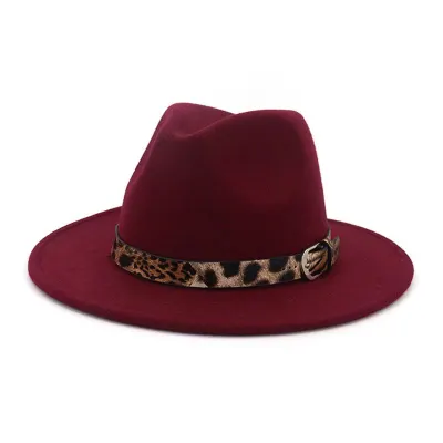 Unisex Leopard Print Wool Felt Bell Jazz Hat With Wide Brim